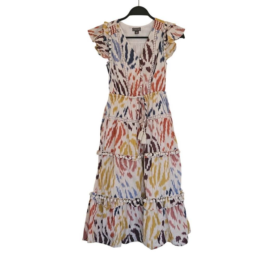 POINT SUR‎ Ikat Print Tiered Midi Dress Flutter Sleeve Tassel Tie Waist Multi 00